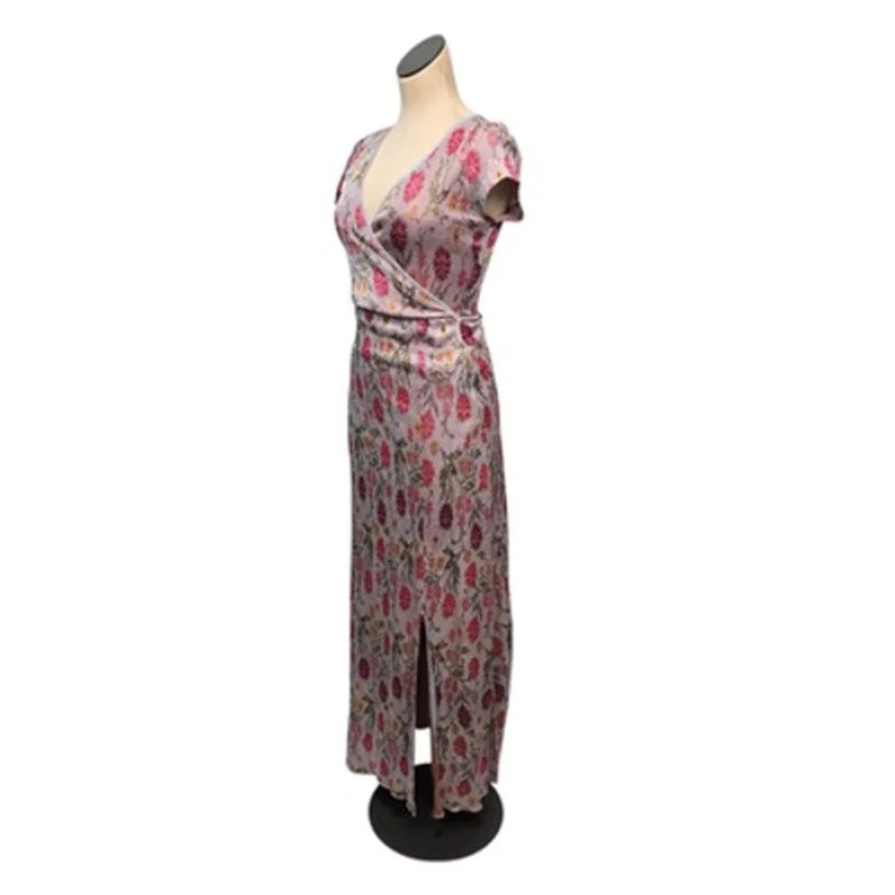 Cecilia Prado Dress Womens XS Pink Floral‎ Knit Wrap Surplice Cap Sleeve Maxi
